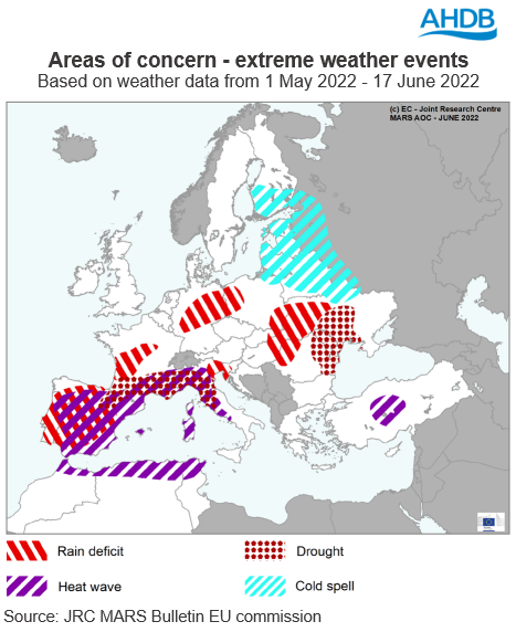 Map of areas of weather concern in EU